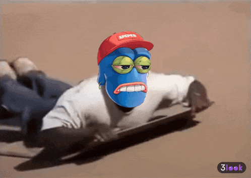 a blue cartoon character wearing a red hat that says apeps