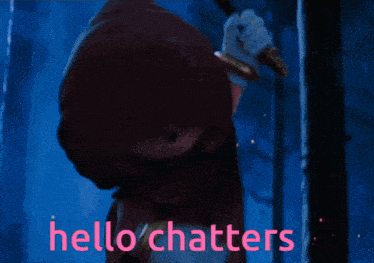 a pink cartoon character says hello chatters in pink