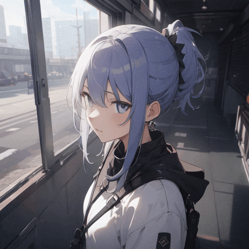 a girl with a ponytail looks out a window with a city in the background