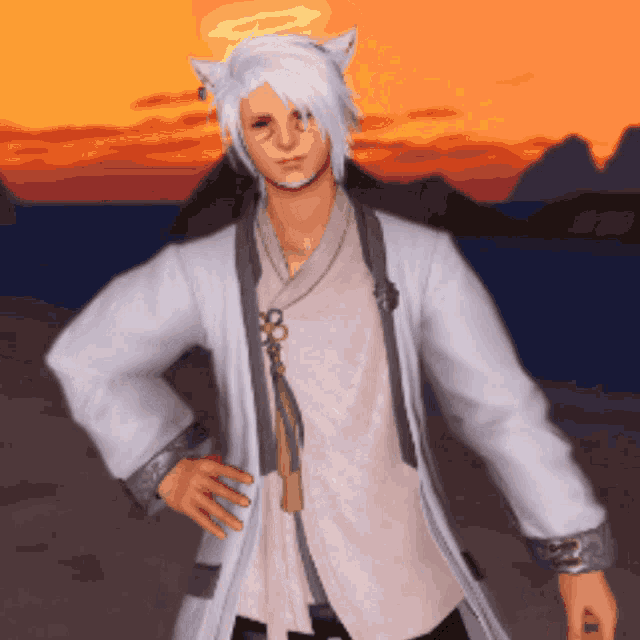 a man in a white coat with a halo on his head
