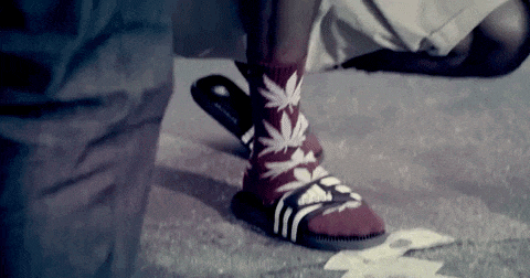 a person wearing a pair of socks with marijuana leaves