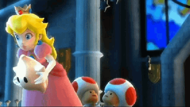 a cartoon of princess peach holding a mushroom surrounded by toads