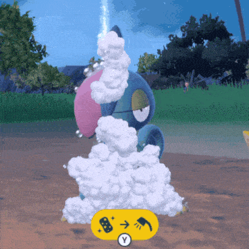 a cartoon character is surrounded by white clouds and a yellow button with a y on it