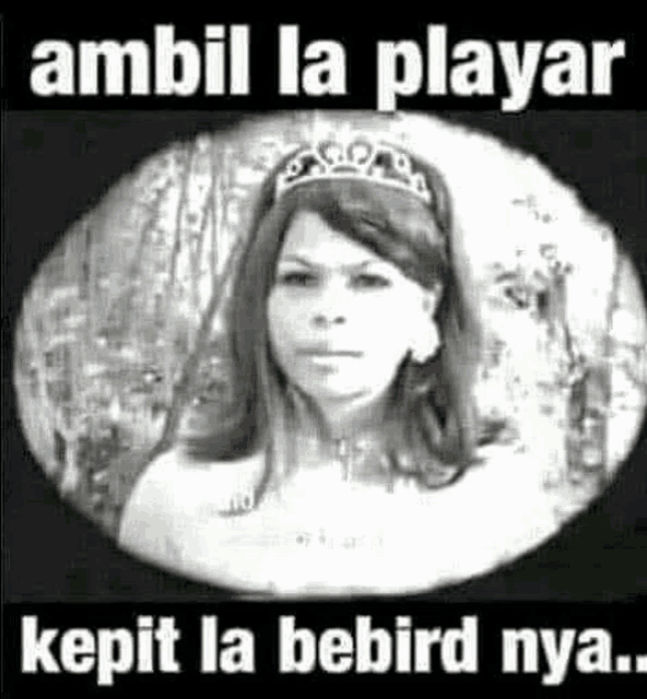 a black and white photo of a woman wearing a tiara and a caption .