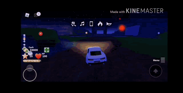 a blue car is driving down a road in a video game that was made with kinemaster