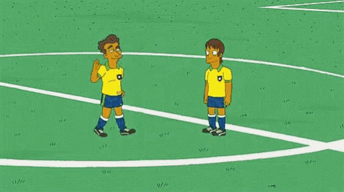 a couple of cartoon characters are standing on a soccer field giving each other a high five .