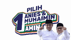 two men standing next to each other with the words pilih anies & muhaimin amin behind them