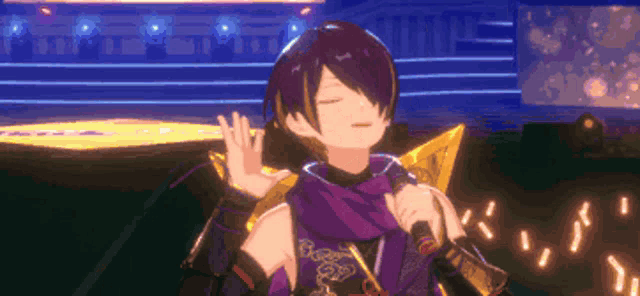 a purple haired anime character is holding a microphone and waving .