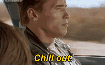 a man in a car says chill out in yellow