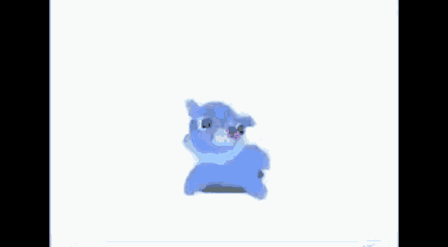 a blue stuffed animal is standing on a white background .
