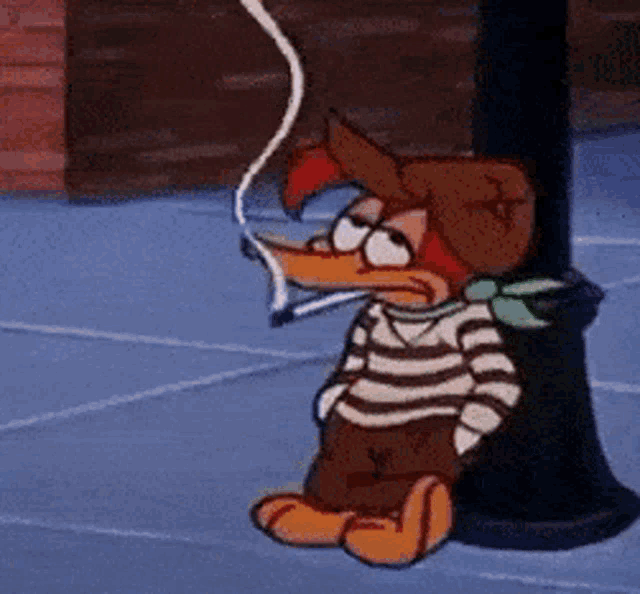a cartoon character is smoking a cigarette while leaning on a pole