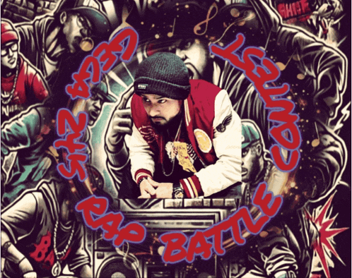 a poster for a rap battle with a man in the center