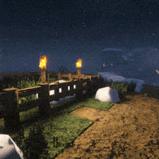 a video game scene with a wooden fence and a few lit torches