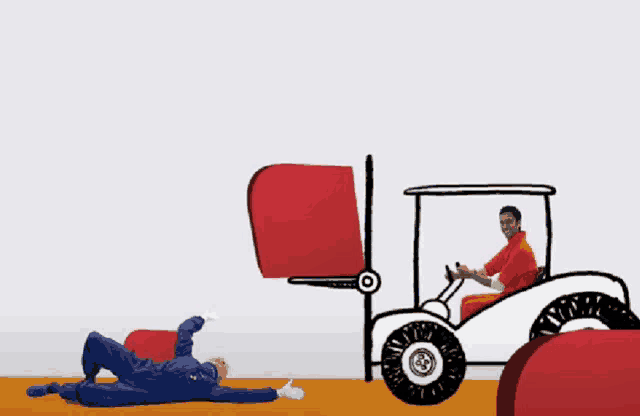 a man is laying on the ground next to a drawing of a forklift