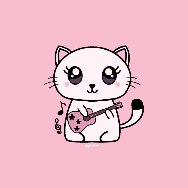 a white cat is holding a pink guitar with flowers on it