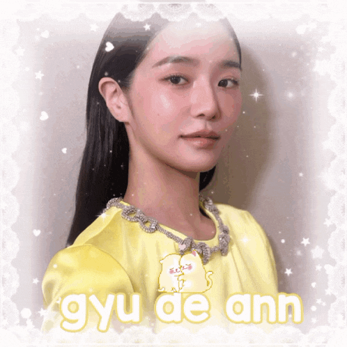 a girl in a yellow dress with the name gyu de ann on the bottom
