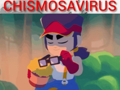 a cartoon character holding a bucket of food with the words chismosavirus written above her