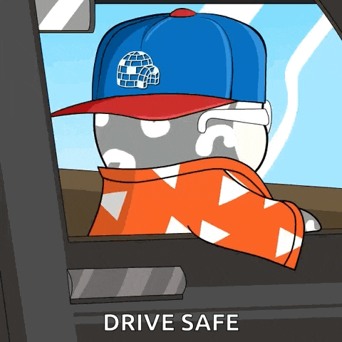 a cartoon character wearing a hat and scarf with the words drive safe above him