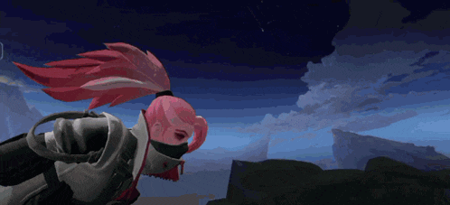 a video game character with pink hair and a mask on her face