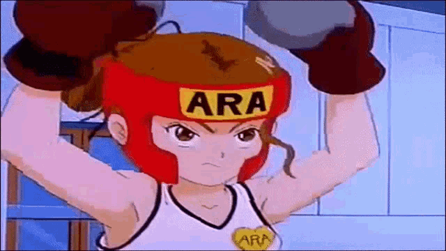 a cartoon girl is wearing boxing gloves and a helmet that says ara