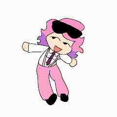 a cartoon character wearing a pink hat and sunglasses is standing on a purple background .
