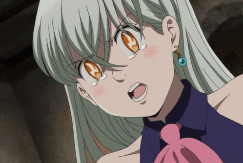 a close up of a cartoon character with white hair and orange eyes