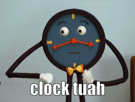a cartoon clock with arms and legs says clock tuan