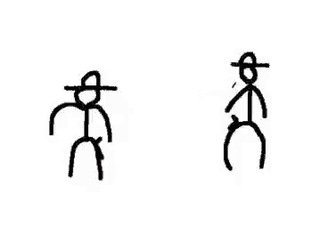 a black and white drawing of two stick figures wearing hats .