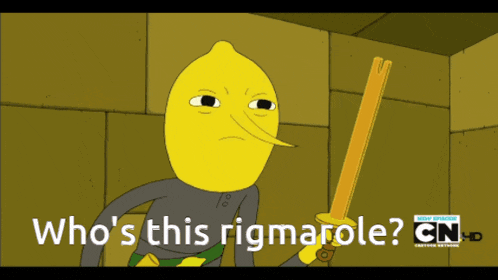 a cartoon character holding a sword with the words who 's this rigmarole