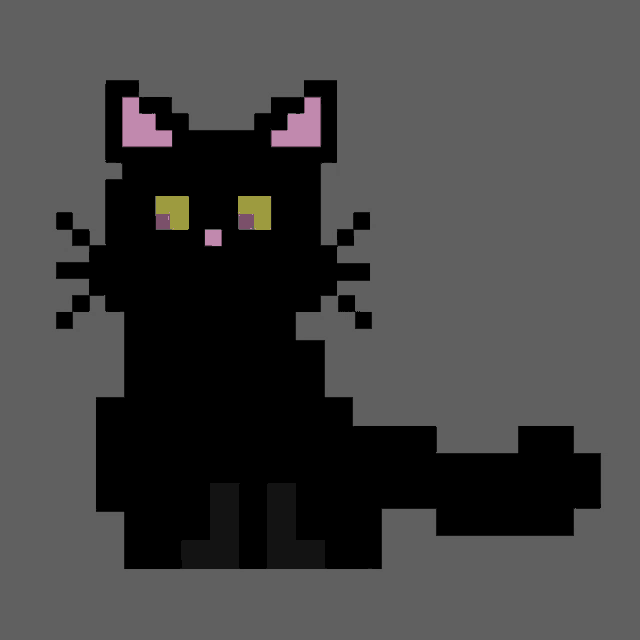 a pixel art of a black cat with pink ears and yellow eyes