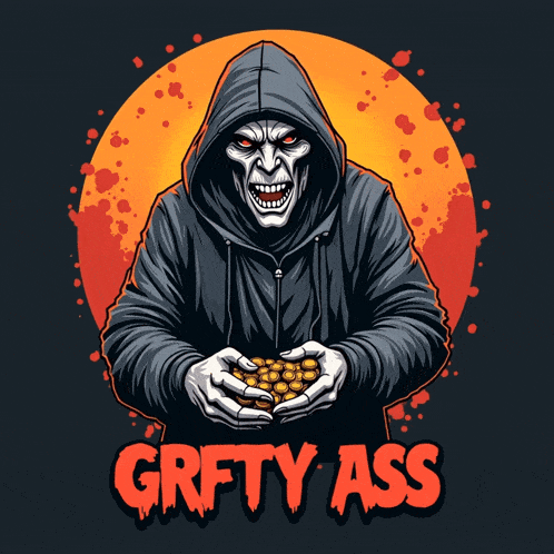 an illustration of a grim reaper holding a pile of gold coins with the words grfty ass below him