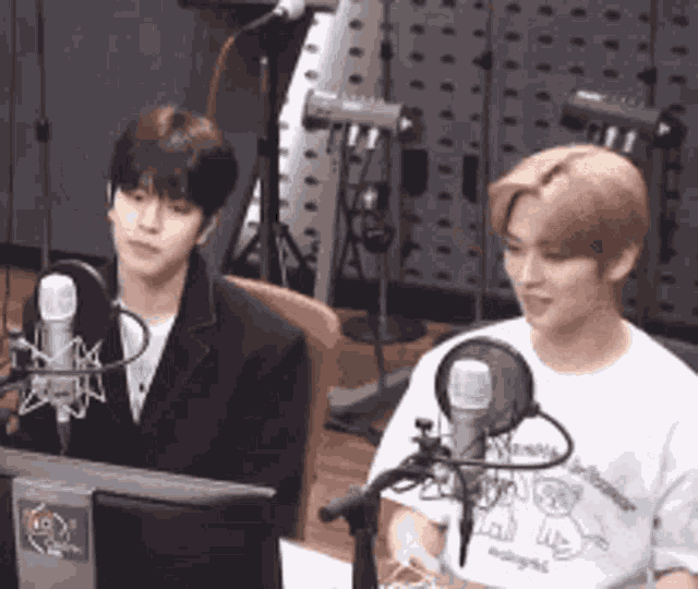 two young men are sitting in front of microphones in a recording studio .