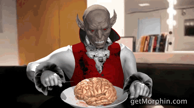 a vampire is holding a knife and fork in front of a plate of brains and the website getmorphin.com