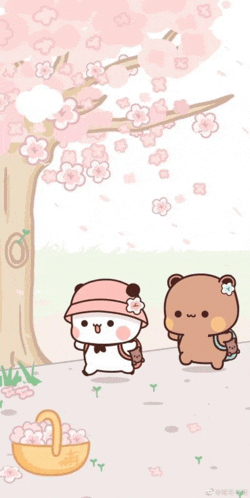 a panda and a bear are standing next to each other under a cherry blossom tree .