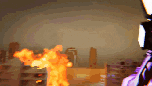 a computer generated image of a city with buildings on fire and a sign that says pet