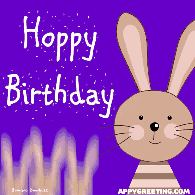 a purple background with a bunny and the words happy birthday