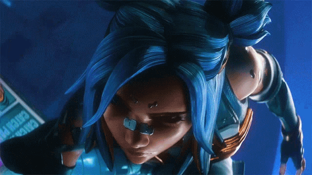 a close up of a cartoon character with blue hair
