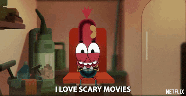 a cartoon character is sitting in a chair with the words i love scary movies on the bottom