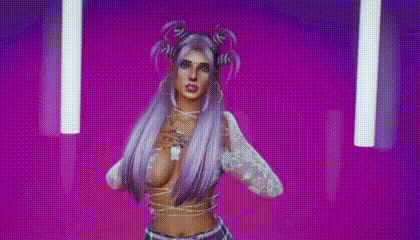 a woman with purple hair is standing in front of a purple background and a purple light .