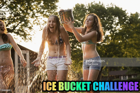 three girls in bikinis are playing with a bucket of water and the words ice bucket challenge are above them