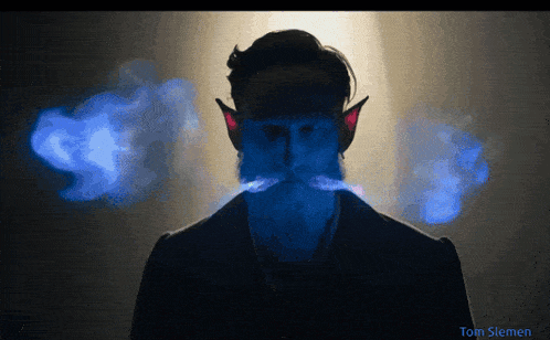 a painting of a man with blue smoke coming out of his mouth and the name tom slemen on the bottom