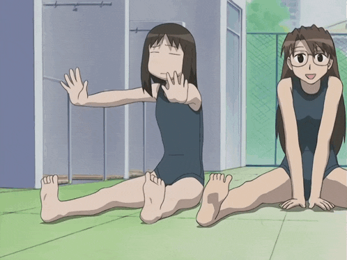 two anime girls in swimsuits are sitting on the floor stretching their legs