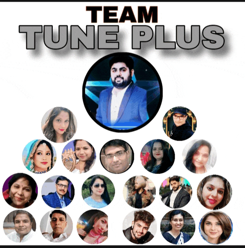 a group of people are gathered around a man in a circle with the words team tune plus above them
