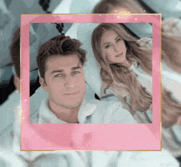 a man and a woman are sitting in a pink frame