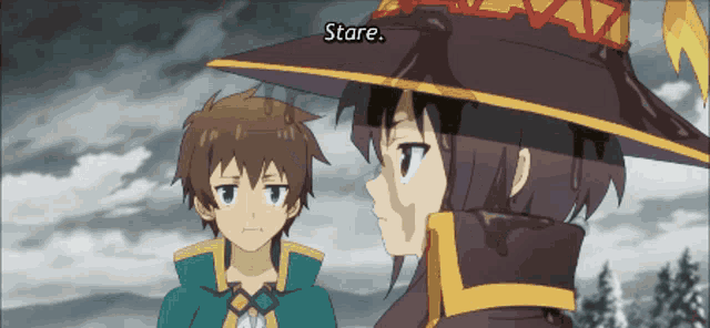 a boy and a girl are looking at each other and the girl is wearing a witch hat that says stare