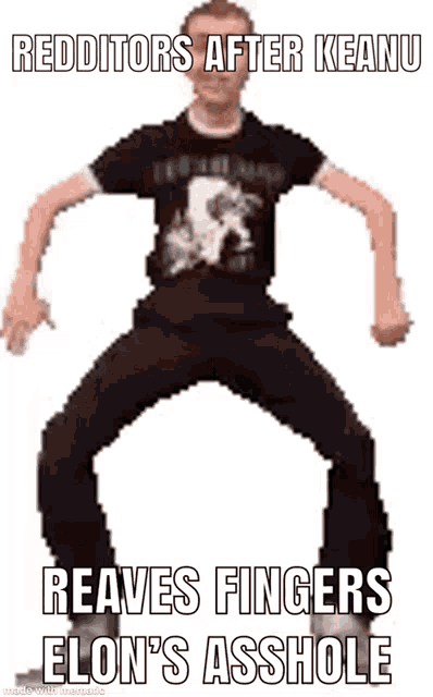 a man in a black shirt is dancing with the caption " redditors after keanu "