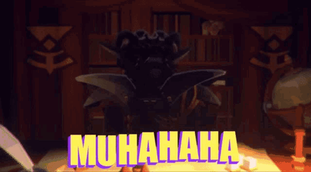 a cartoon character is sitting at a table with the words muhahaha written on it