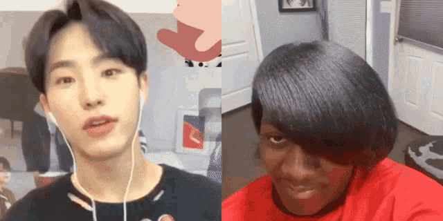 a man with headphones next to a woman with a red shirt
