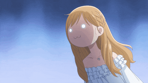 a cartoon drawing of a girl with blonde hair and white eyes