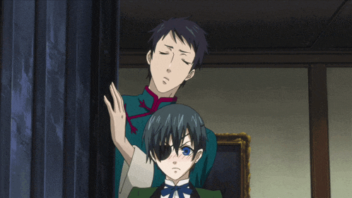two anime characters are standing next to each other and one has an eye patch